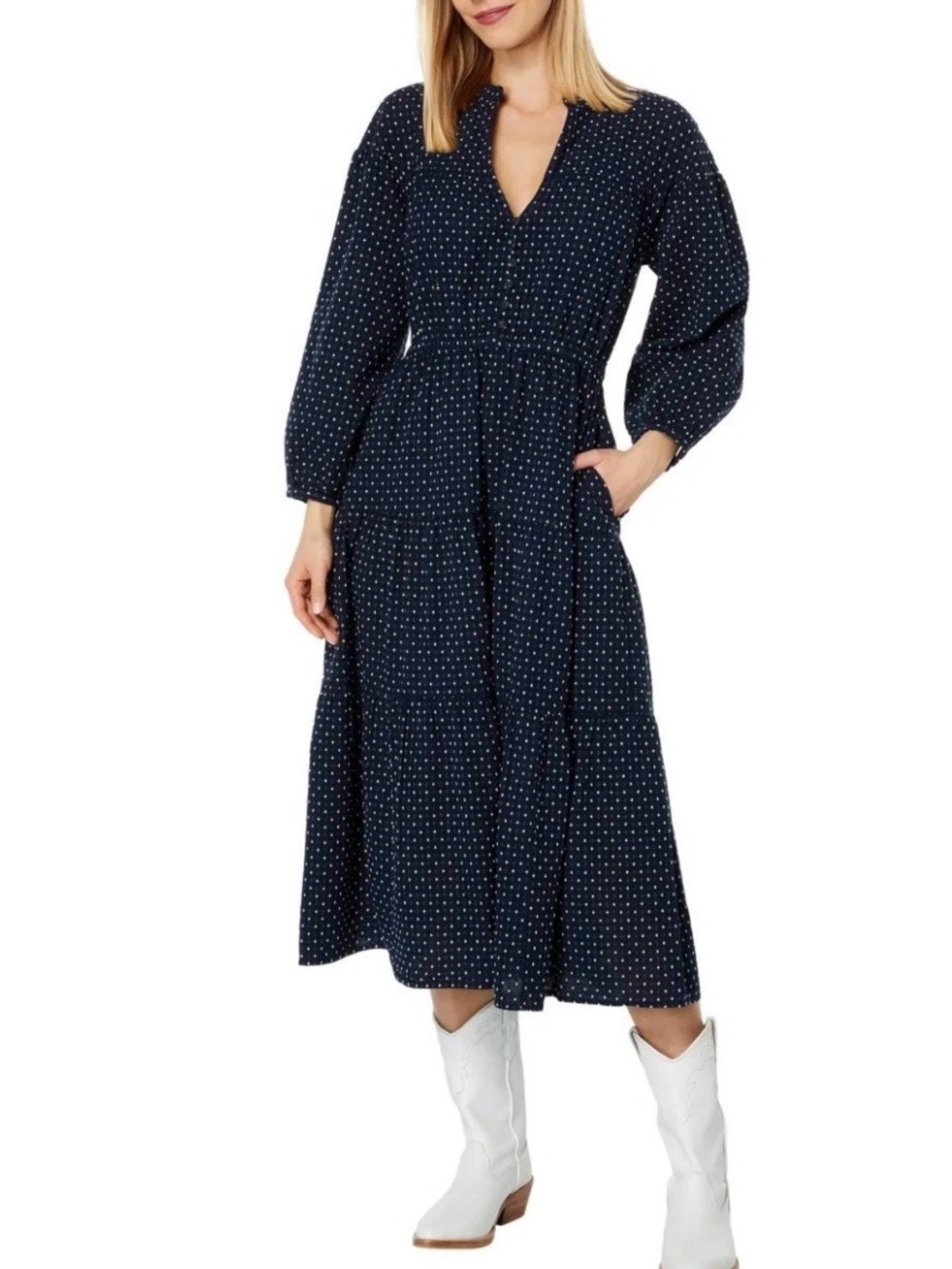 Madewell Dobby V-Neck Tiered Midi Dress Size Large Jacquard Navy Blue